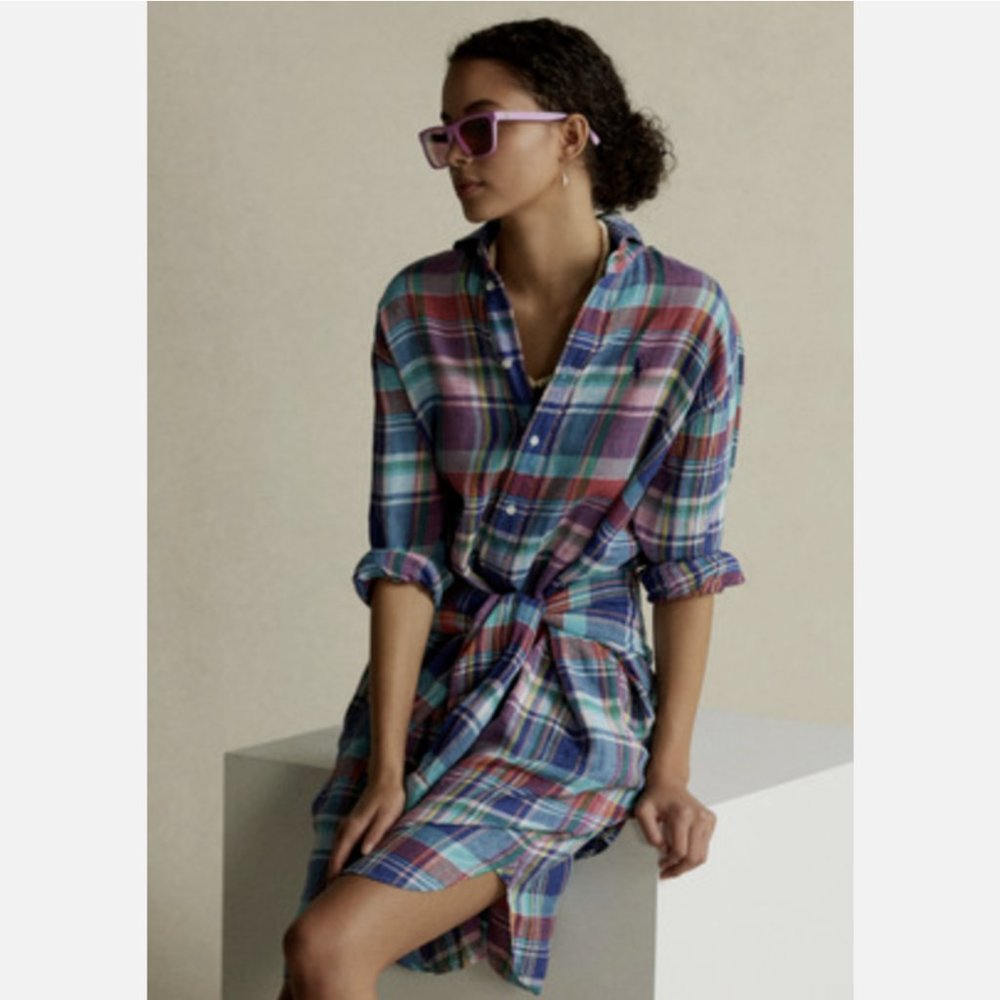 Polo Ralph Lauren Multi Long Sleeve Plaid Linen Pockets Shirt Dress